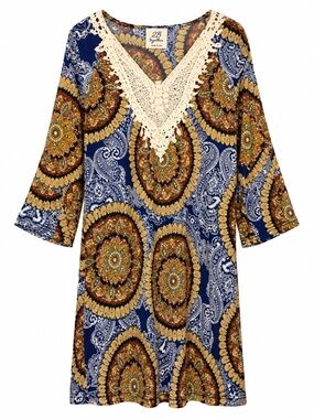 2B Together Womens Small Paisley Medallion Crochet Trim 3/4 Sleeve Mini Dress US